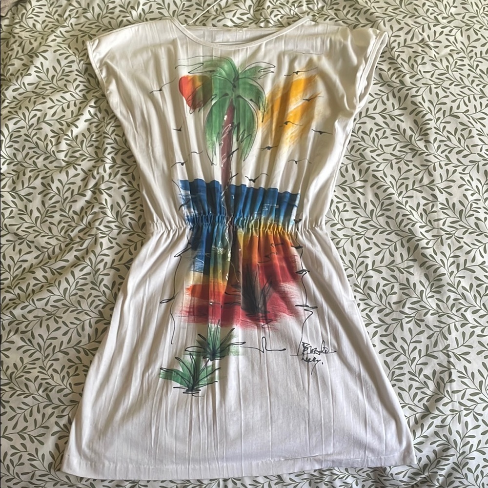 Vintage Style Colorful Sunset Palm Tree Dress. Handprinted Island Vibes. Size M
